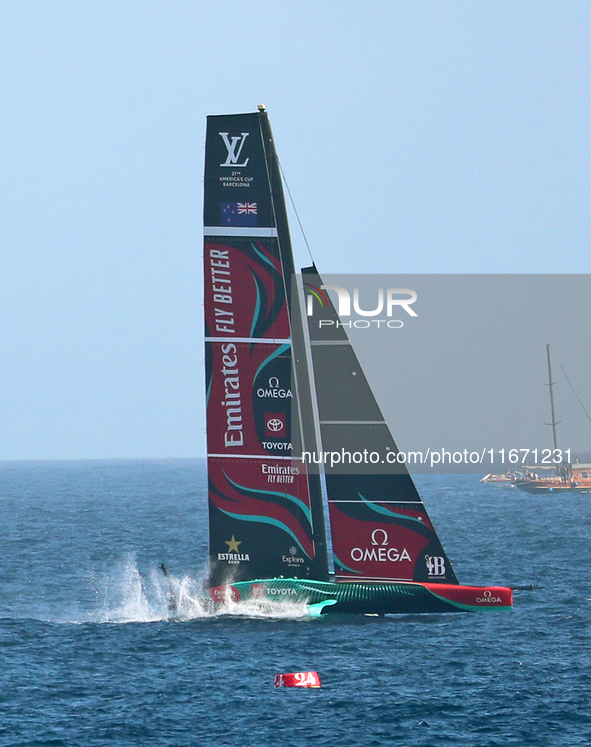 Emirates Team New Zealand and Ineos Britannia compete during race 5 of the Louis Vuitton 37th America's Cup in Barcelona, Spain, on October...