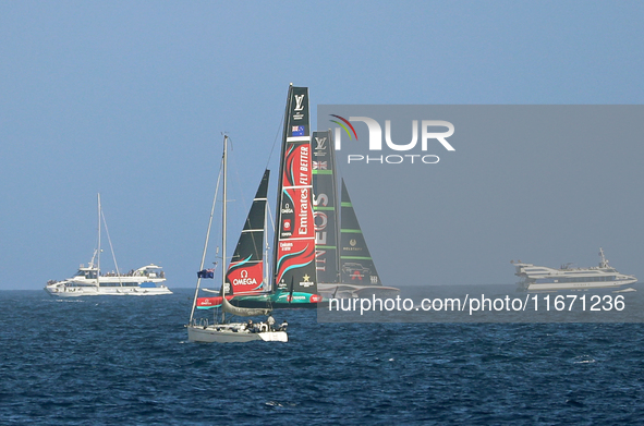 Emirates Team New Zealand and Ineos Britannia compete during race 5 of the Louis Vuitton 37th America's Cup in Barcelona, Spain, on October...