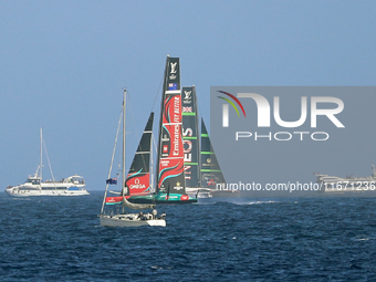 Emirates Team New Zealand and Ineos Britannia compete during race 5 of the Louis Vuitton 37th America's Cup in Barcelona, Spain, on October...