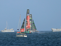 Emirates Team New Zealand and Ineos Britannia compete during race 5 of the Louis Vuitton 37th America's Cup in Barcelona, Spain, on October...