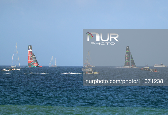 Emirates Team New Zealand and Ineos Britannia compete during race 5 of the Louis Vuitton 37th America's Cup in Barcelona, Spain, on October...