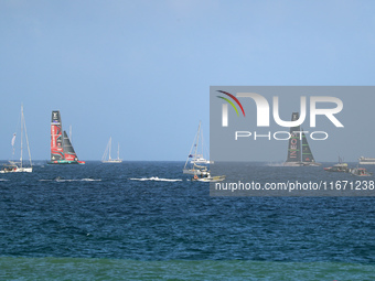 Emirates Team New Zealand and Ineos Britannia compete during race 5 of the Louis Vuitton 37th America's Cup in Barcelona, Spain, on October...