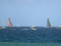 Emirates Team New Zealand and Ineos Britannia compete during race 5 of the Louis Vuitton 37th America's Cup in Barcelona, Spain, on October...