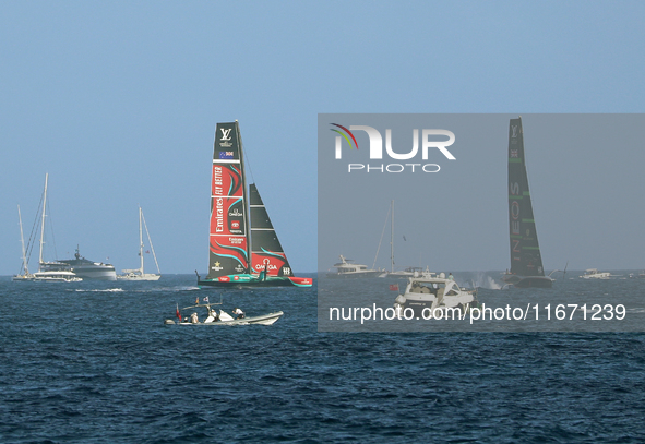 Emirates Team New Zealand and Ineos Britannia compete during race 5 of the Louis Vuitton 37th America's Cup in Barcelona, Spain, on October...