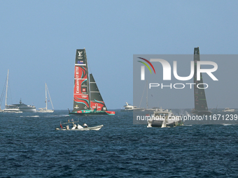 Emirates Team New Zealand and Ineos Britannia compete during race 5 of the Louis Vuitton 37th America's Cup in Barcelona, Spain, on October...