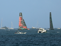 Emirates Team New Zealand and Ineos Britannia compete during race 5 of the Louis Vuitton 37th America's Cup in Barcelona, Spain, on October...