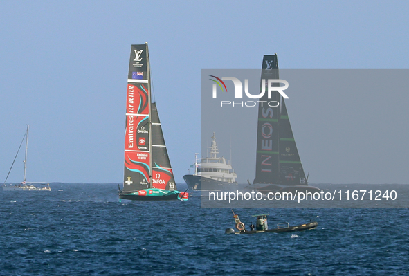 Emirates Team New Zealand and Ineos Britannia compete during race 5 of the Louis Vuitton 37th America's Cup in Barcelona, Spain, on October...