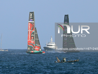 Emirates Team New Zealand and Ineos Britannia compete during race 5 of the Louis Vuitton 37th America's Cup in Barcelona, Spain, on October...