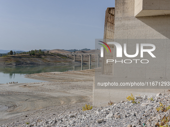 Visible banks, dry soil, and uncultivated vegetation replace the water at Lake Monte Cotugno, a reservoir in Basilicata, which in the summer...