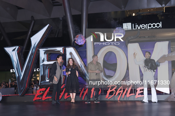 Tom Hardy, Kelly Marcel, and Cristo Fernandez attend the black carpet fan event for Venom: The Last Dance at Toreo Parque Central in Mexico...