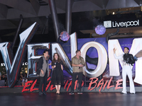 Tom Hardy, Kelly Marcel, and Cristo Fernandez attend the black carpet fan event for Venom: The Last Dance at Toreo Parque Central in Mexico...