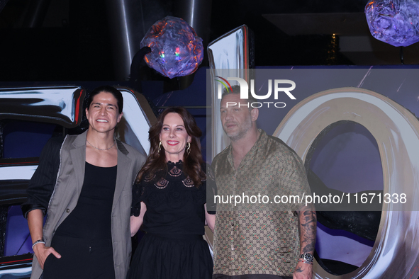 Tom Hardy, Kelly Marcel, and Cristo Fernandez attend the black carpet fan event for Venom: The Last Dance at Toreo Parque Central in Mexico...