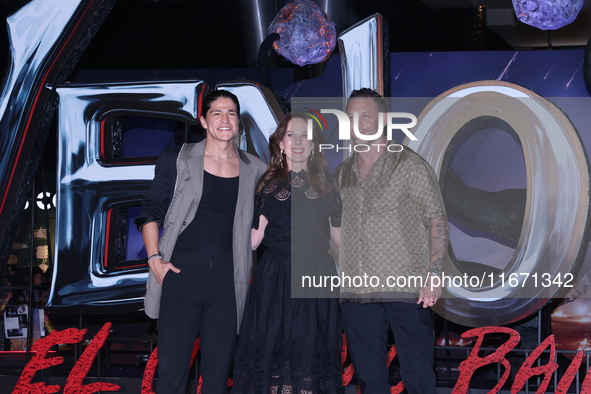 Tom Hardy, Kelly Marcel, and Cristo Fernandez attend the black carpet fan event for Venom: The Last Dance at Toreo Parque Central in Mexico...