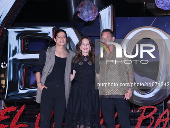 Tom Hardy, Kelly Marcel, and Cristo Fernandez attend the black carpet fan event for Venom: The Last Dance at Toreo Parque Central in Mexico...