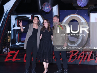 Tom Hardy, Kelly Marcel, and Cristo Fernandez attend the black carpet fan event for Venom: The Last Dance at Toreo Parque Central in Mexico...