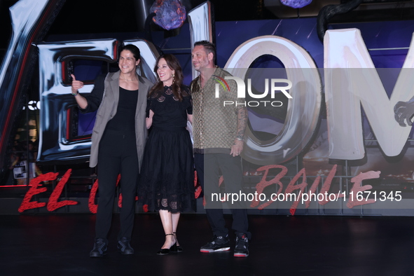 Tom Hardy, Kelly Marcel, and Cristo Fernandez attend the black carpet fan event for Venom: The Last Dance at Toreo Parque Central in Mexico...