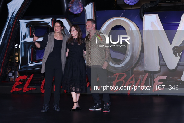 Tom Hardy, Kelly Marcel, and Cristo Fernandez attend the black carpet fan event for Venom: The Last Dance at Toreo Parque Central in Mexico...