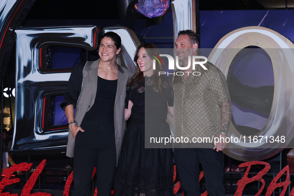 Tom Hardy, Kelly Marcel, and Cristo Fernandez attend the black carpet fan event for Venom: The Last Dance at Toreo Parque Central in Mexico...