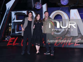 Tom Hardy, Kelly Marcel, and Cristo Fernandez attend the black carpet fan event for Venom: The Last Dance at Toreo Parque Central in Mexico...