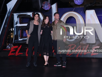 Tom Hardy, Kelly Marcel, and Cristo Fernandez attend the black carpet fan event for Venom: The Last Dance at Toreo Parque Central in Mexico...