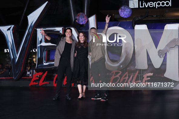 Tom Hardy, Kelly Marcel, and Cristo Fernandez attend the black carpet fan event for Venom: The Last Dance at Toreo Parque Central in Mexico...