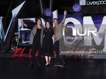 Tom Hardy, Kelly Marcel, and Cristo Fernandez attend the black carpet fan event for Venom: The Last Dance at Toreo Parque Central in Mexico...