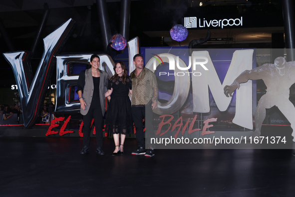 Tom Hardy, Kelly Marcel, and Cristo Fernandez attend the black carpet fan event for Venom: The Last Dance at Toreo Parque Central in Mexico...