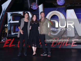 Tom Hardy, Kelly Marcel, and Cristo Fernandez attend the black carpet fan event for Venom: The Last Dance at Toreo Parque Central in Mexico...