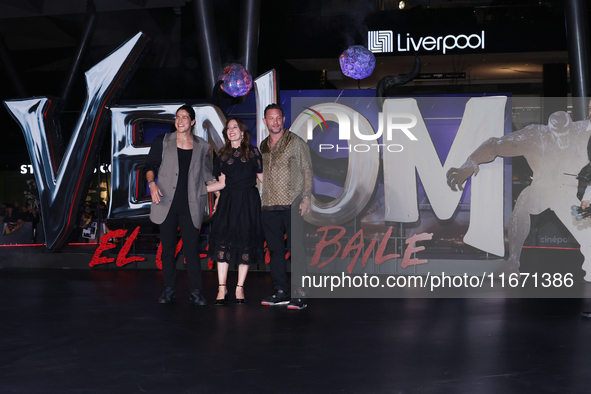 Tom Hardy, Kelly Marcel, and Cristo Fernandez attend the black carpet fan event for Venom: The Last Dance at Toreo Parque Central in Mexico...