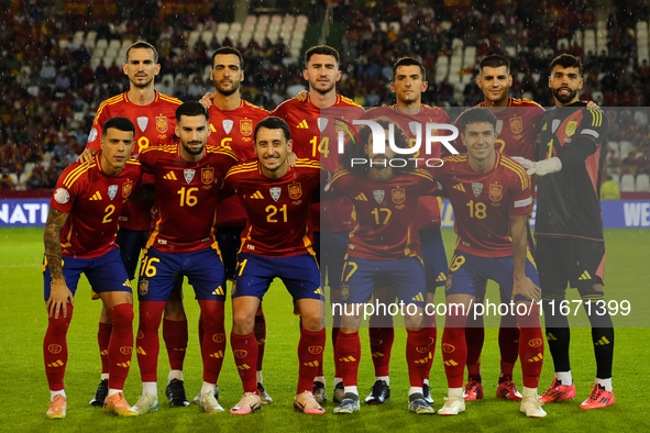 Spain line up (L-R) Fabian Ruiz of Spain, Mikel Merino, Aymeric Laporte, Dani Vivian, Alvaro Morata, David Raya, Pedro Porro, Alex Baena, Mi...