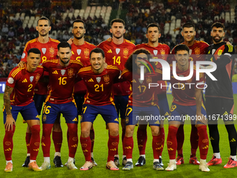 Spain line up (L-R) Fabian Ruiz of Spain, Mikel Merino, Aymeric Laporte, Dani Vivian, Alvaro Morata, David Raya, Pedro Porro, Alex Baena, Mi...