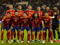 Spain line up (L-R) Fabian Ruiz of Spain, Mikel Merino, Aymeric Laporte, Dani Vivian, Alvaro Morata, David Raya, Pedro Porro, Alex Baena, Mi...