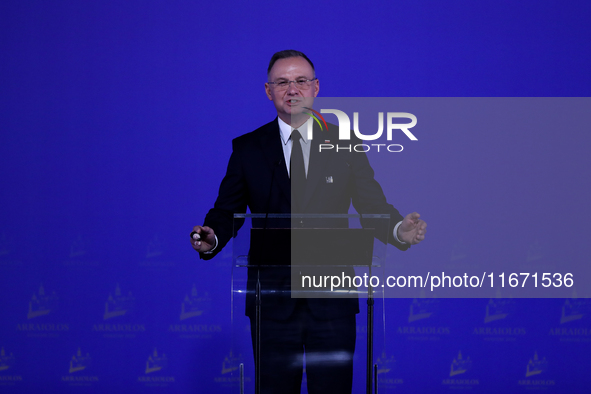 Polish President Andrzej Duda attends the meeting of the presidents of the Arraiolos group at Wawel Castle in Krakow, Poland, on October 11,...