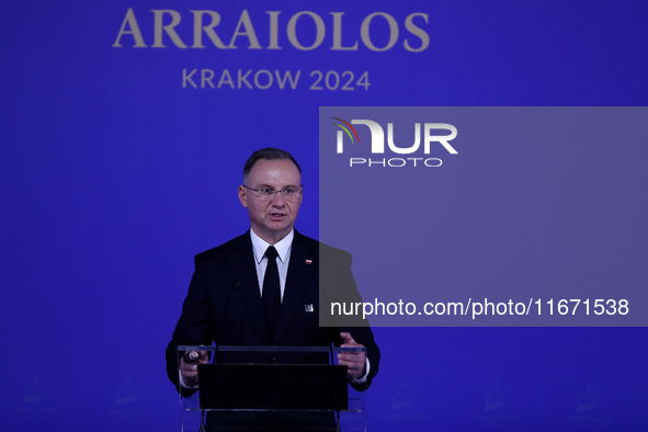 Polish President Andrzej Duda attends the meeting of the presidents of the Arraiolos group at Wawel Castle in Krakow, Poland, on October 11,...