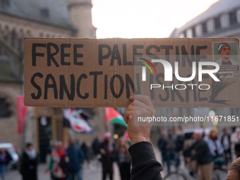 Dozens of pro-Palestinian activists gather at Muenster Square and protest against Israeli airstrike in Bonn, Germany, on October 16, 2024. (