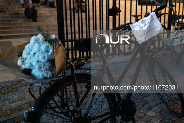 This photograph shows a bicycle carrying a bunch of white flowers and bearing a message that reads ''Stop to road violence! Victims: bike us...