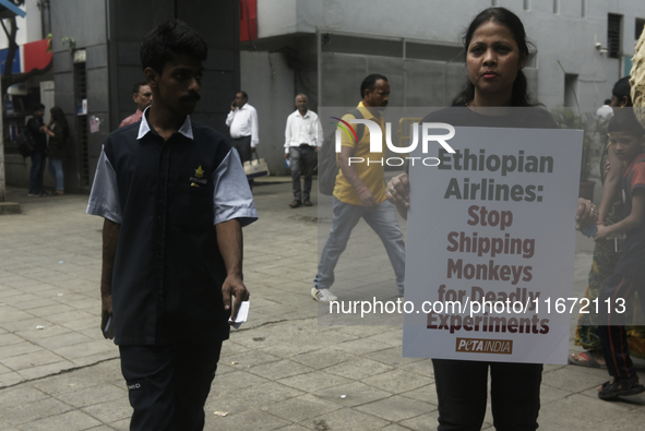 Indian members of 'People for the Ethical Treatment of Animals' (PETA) protest with a giant statue of a wounded and tormented 'monkey' and h...