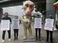 Indian members of 'People for the Ethical Treatment of Animals' (PETA) protest with a giant statue of a wounded and tormented 'monkey' and h...