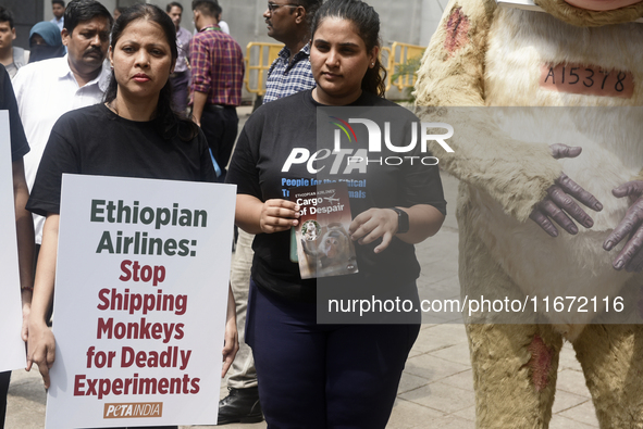 Indian members of 'People for the Ethical Treatment of Animals' (PETA) protest with a giant statue of a wounded and tormented 'monkey' and h...