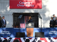 Vice President of the United States Kamala Harris delivers remarks at a ''Country Over Party'' themed campaign rally for the 2024 Race for P...