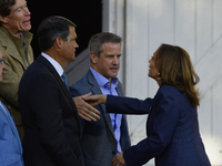 U.S. Vice President Kamala Harris takes the stage with a group of current and former Republicans, including Former United States Representat...