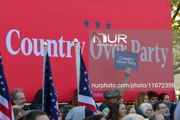 U.S. Vice President Kamala Harris takes the stage with a group of current and former Republicans at Washington Crossing Historic Park in Buc...