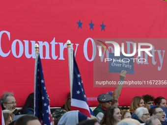 U.S. Vice President Kamala Harris takes the stage with a group of current and former Republicans at Washington Crossing Historic Park in Buc...