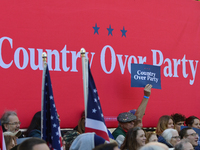 U.S. Vice President Kamala Harris takes the stage with a group of current and former Republicans at Washington Crossing Historic Park in Buc...