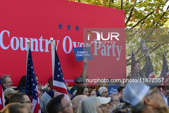 U.S. Vice President Kamala Harris takes the stage with a group of current and former Republicans at Washington Crossing Historic Park in Buc...