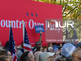 U.S. Vice President Kamala Harris takes the stage with a group of current and former Republicans at Washington Crossing Historic Park in Buc...