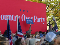 U.S. Vice President Kamala Harris takes the stage with a group of current and former Republicans at Washington Crossing Historic Park in Buc...