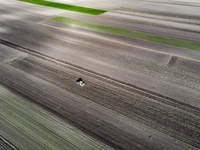 A man plows soil in a tractor on an agricultural field as the planting season of Galicia garlic continues on October 16, 2024. Galicia garli...