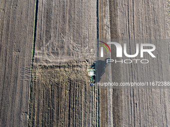 A man plows soil in a tractor on an agricultural field as the planting season of Galicia garlic continues on October 16, 2024. Galicia garli...