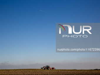 A man plows soil in a tractor on an agricultural field as the planting season of Galicia garlic continues on October 16, 2024. Galicia garli...